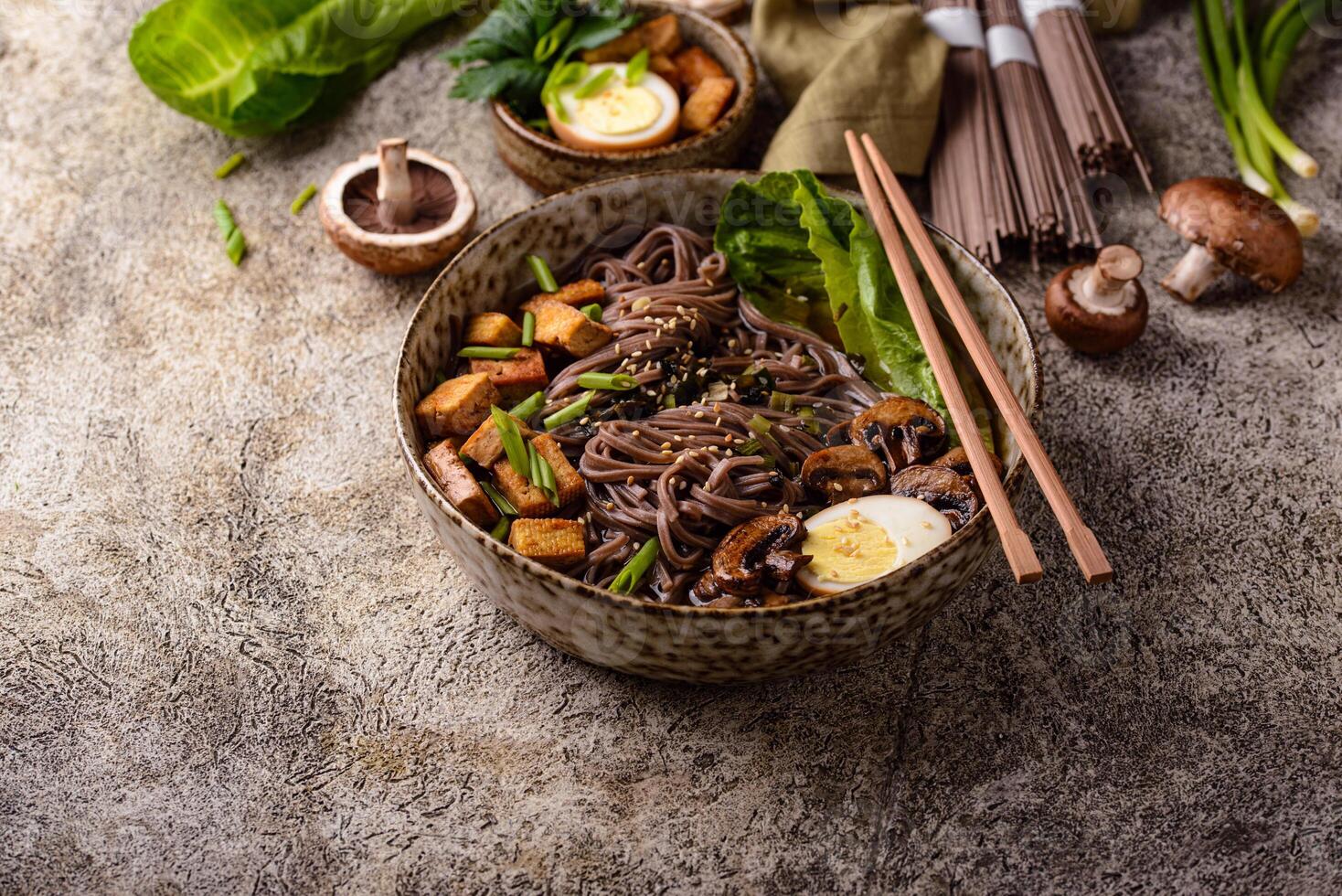 Soba noodle with tofu and mushroom photo