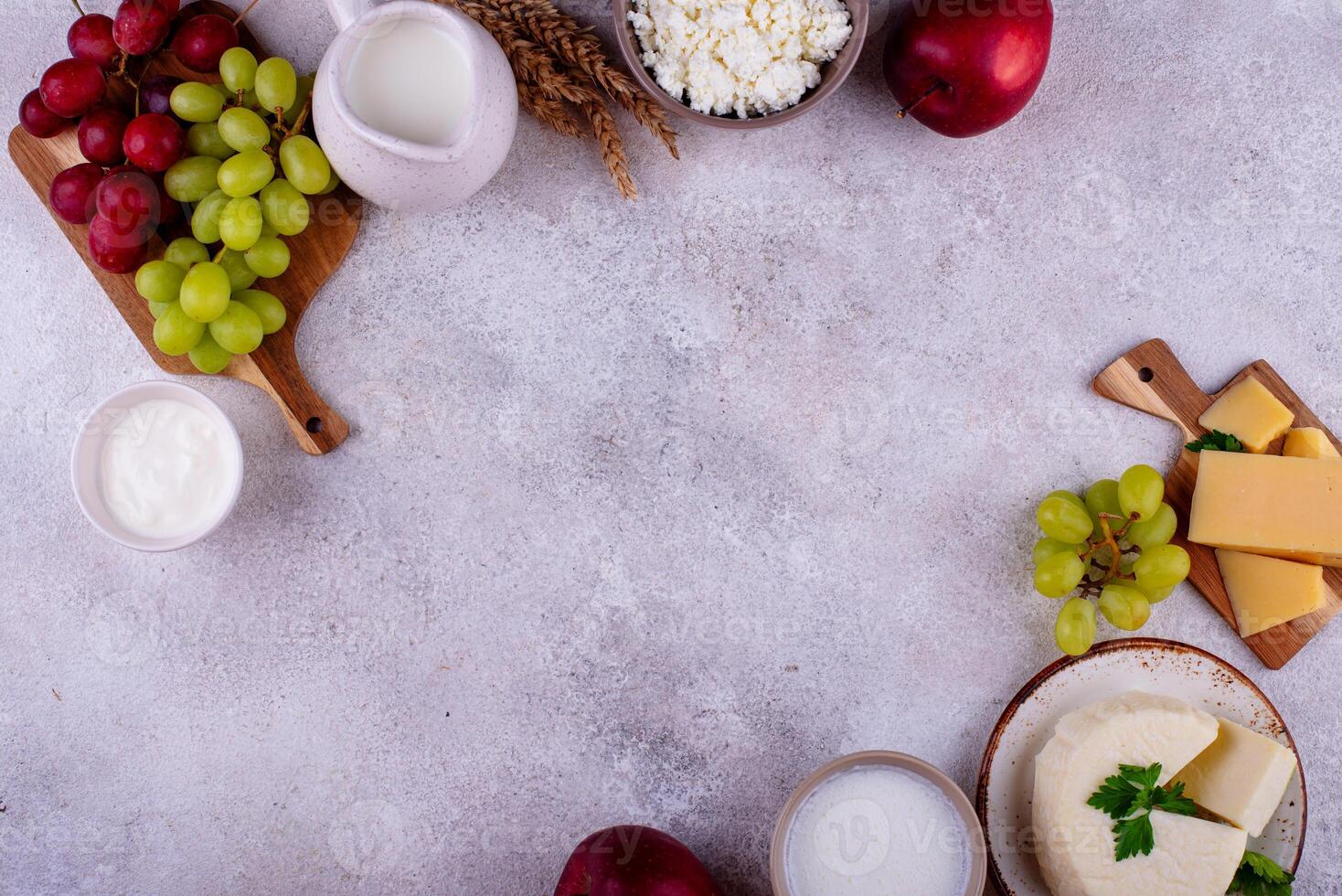 Judaic holiday Shavuot concept. Tzfat cheese and dairy products photo