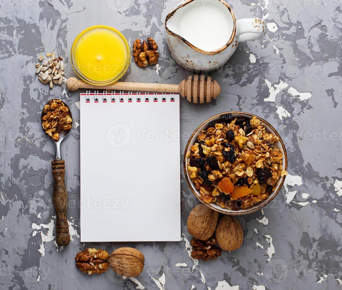 Granola with nuts and dried fruit. photo