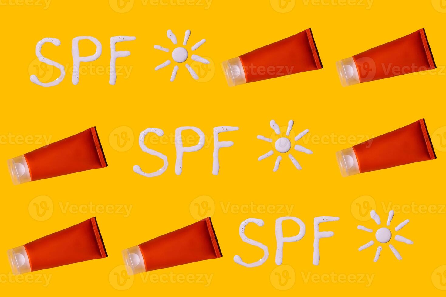 Sunscreen SPF sunblock cream on yellow background photo