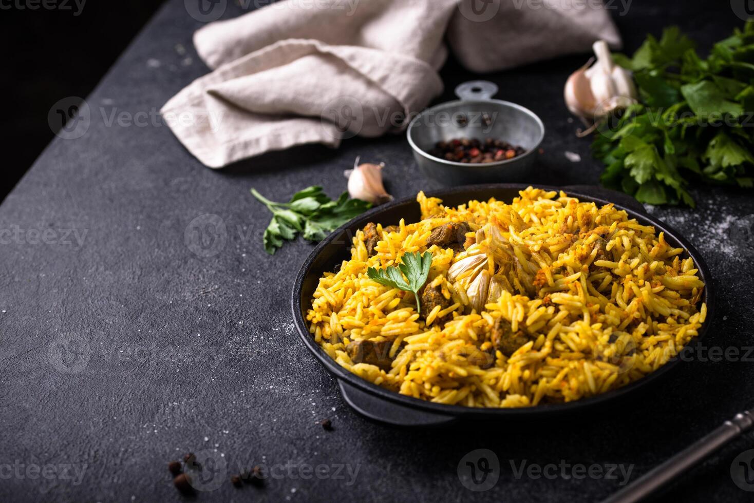 Pilaf, rice with vegetables and lamb meat photo