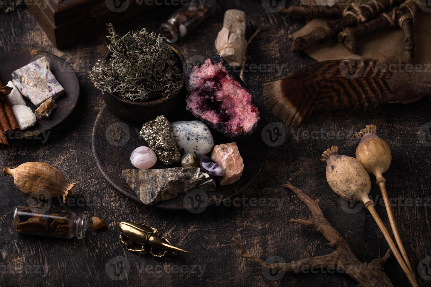 Esoteric magical background with crystal. photo