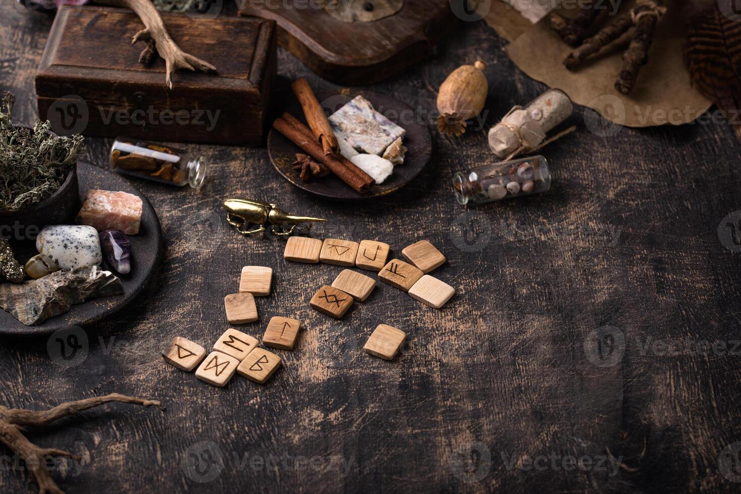 Esoteric magical background with runes. photo