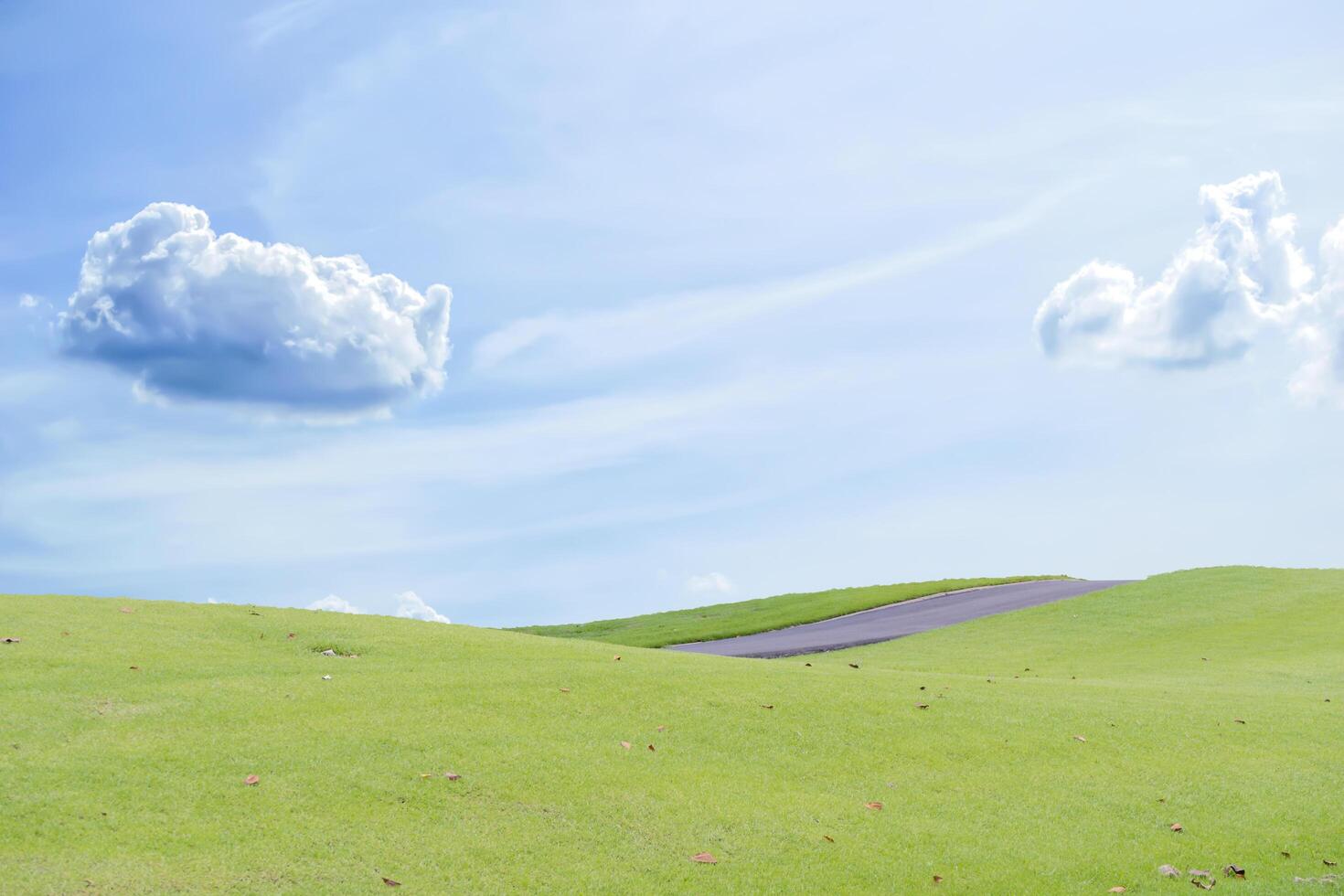 hermosa verde prado campo colina con blanco nubes y azul cielo, antecedentes concepto foto