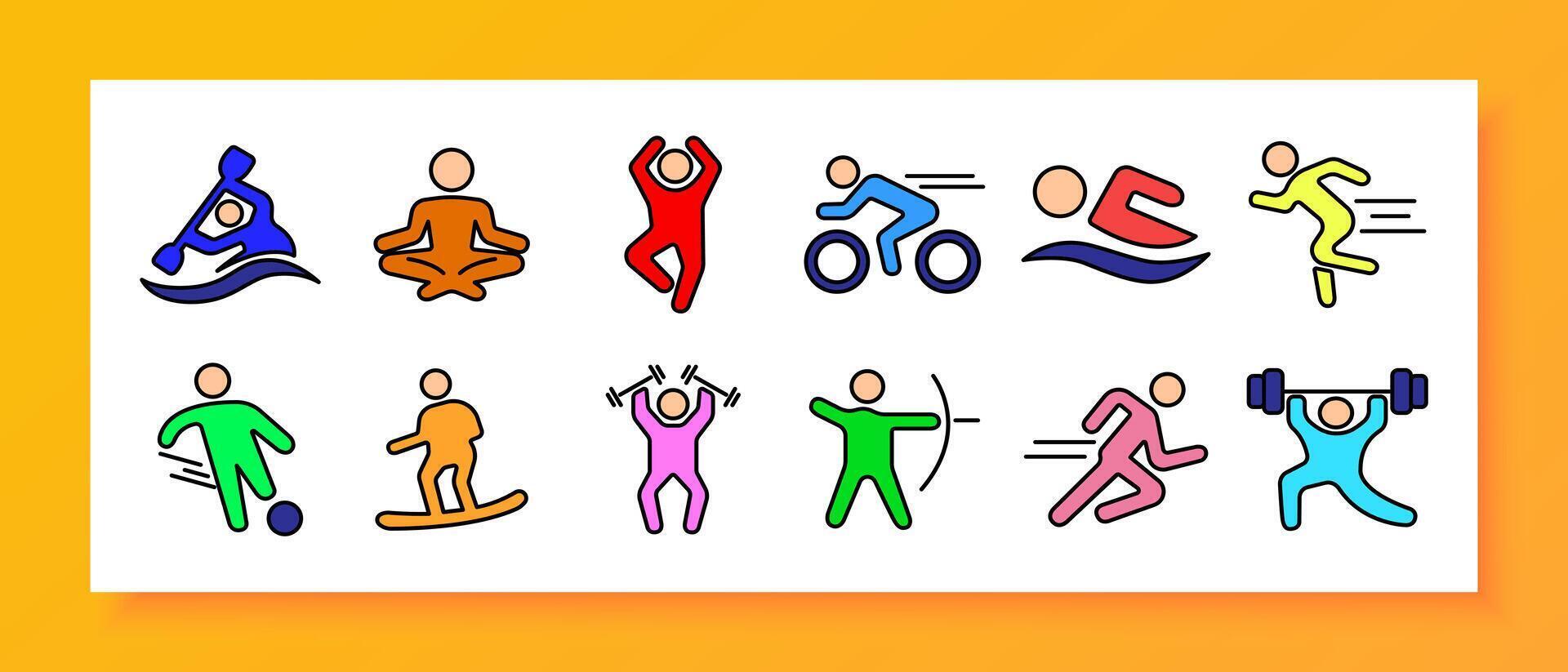 Athletics set icon. Rowing, yoga, cycling, weightlifting, running, archery, swimming, sprinting, soccer, snowboarding, fitness, exercise, sports, physical activity. vector