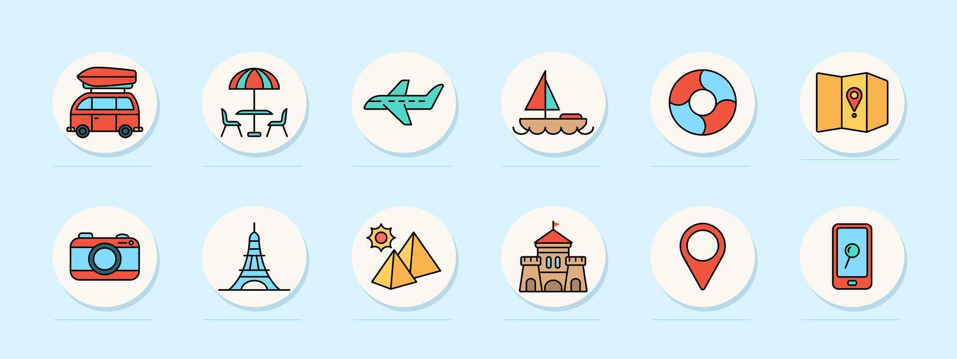 Vacation set icon. Camper van, beach umbrella, airplane, sailboat, lifebuoy, map, camera, Eiffel Tower, pyramids, sandcastle, location pin, smartphone, holiday, travel, tourism. vector
