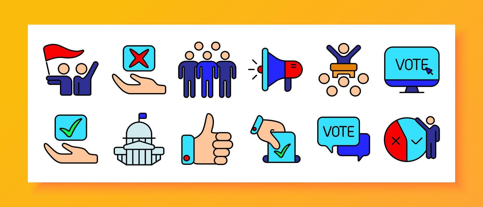 Election set icon. Voting, results, rally, ballot, government, thumbs up, online vote, poll, protest, graph, speech. vector