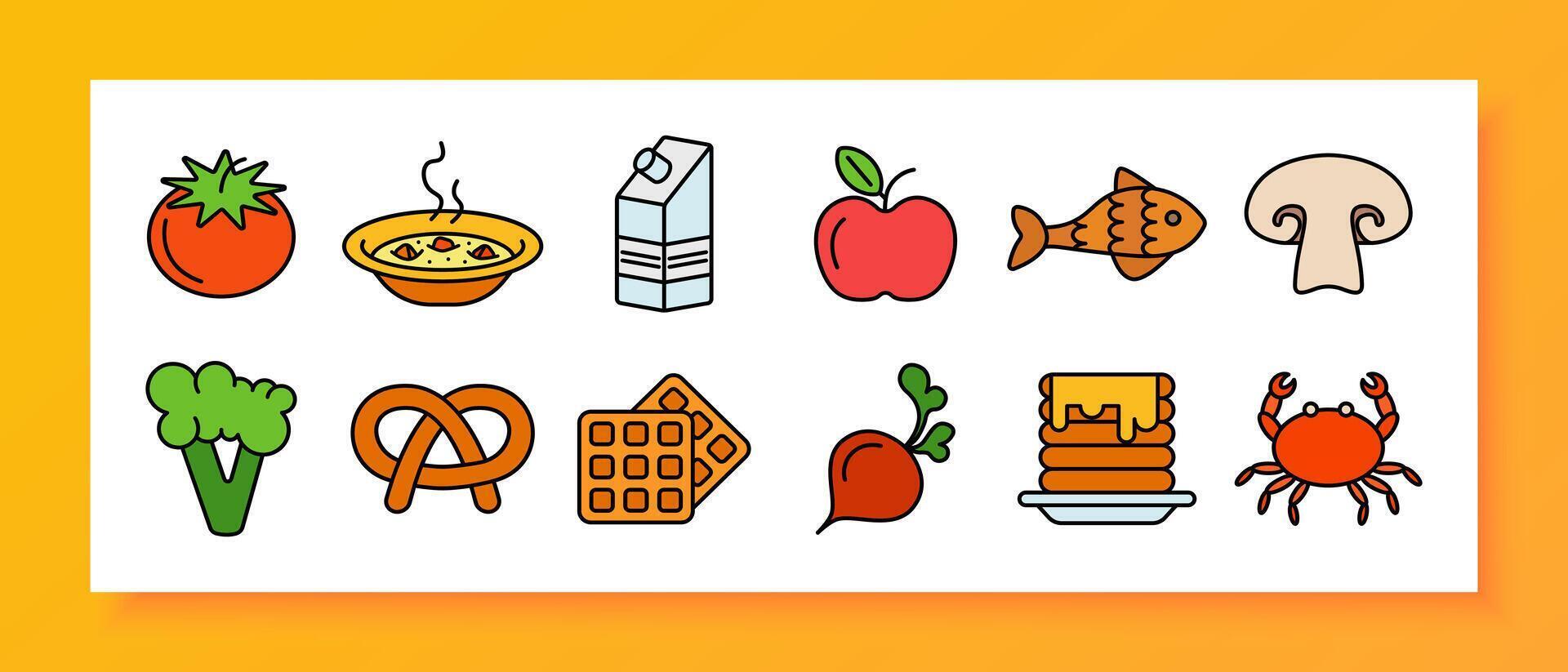 Food icon set. Tomato, soup, milk carton, apple, fish, mushroom, broccoli, pretzel, waffle, beet, pancakes, crab. vector