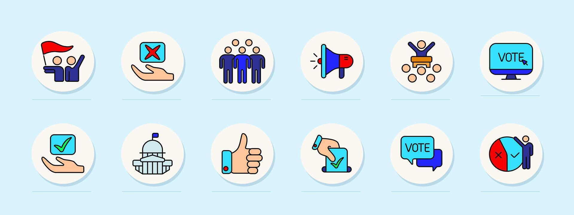 Election set icon. Protest, voting, campaign, megaphone, candidate, ballot box, government, approval, democracy, online voting, vote, politics, speech, rally, political process, election symbols. vector
