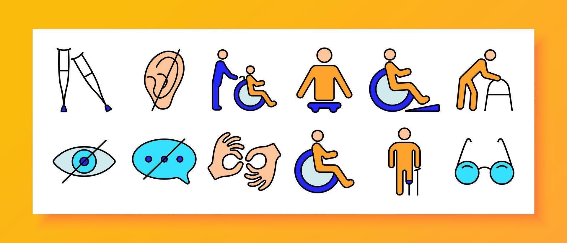 Disability set icon. Crutches, hearing impairment, wheelchair, walker, visual impairment, speech disability, sign language, glasses, prosthetics. vector