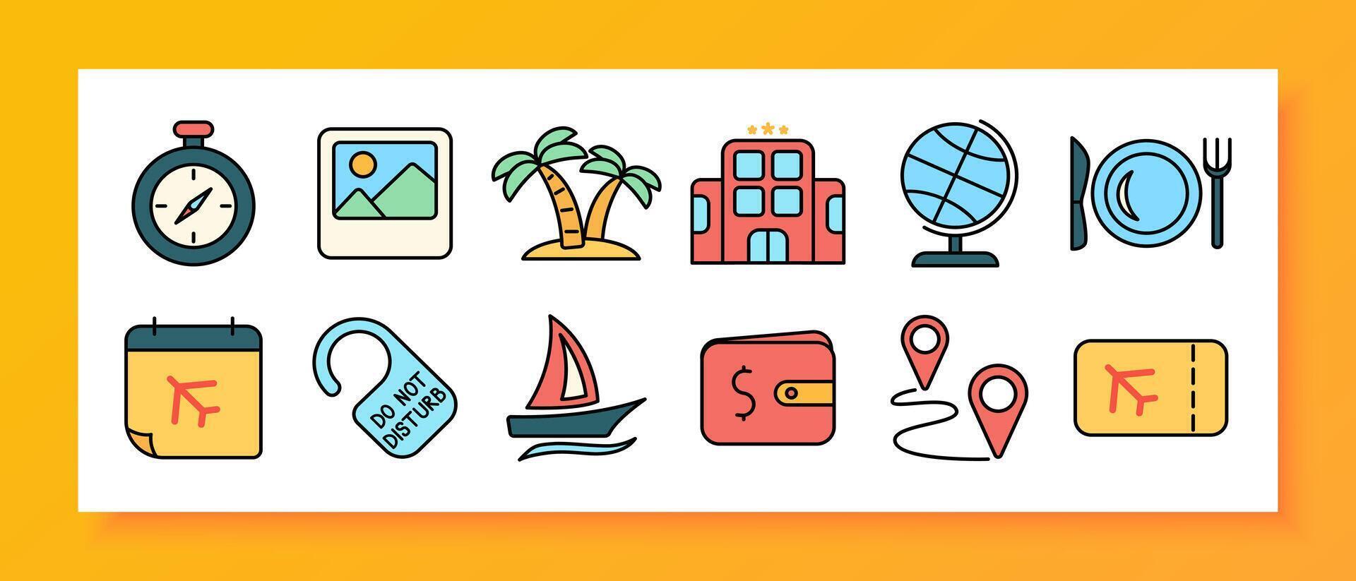 Vacation icon set. Compass, photo, palm tree, hotel, globe, dining, calendar, do not disturb, sailboat, wallet, location markers, ticket. vector