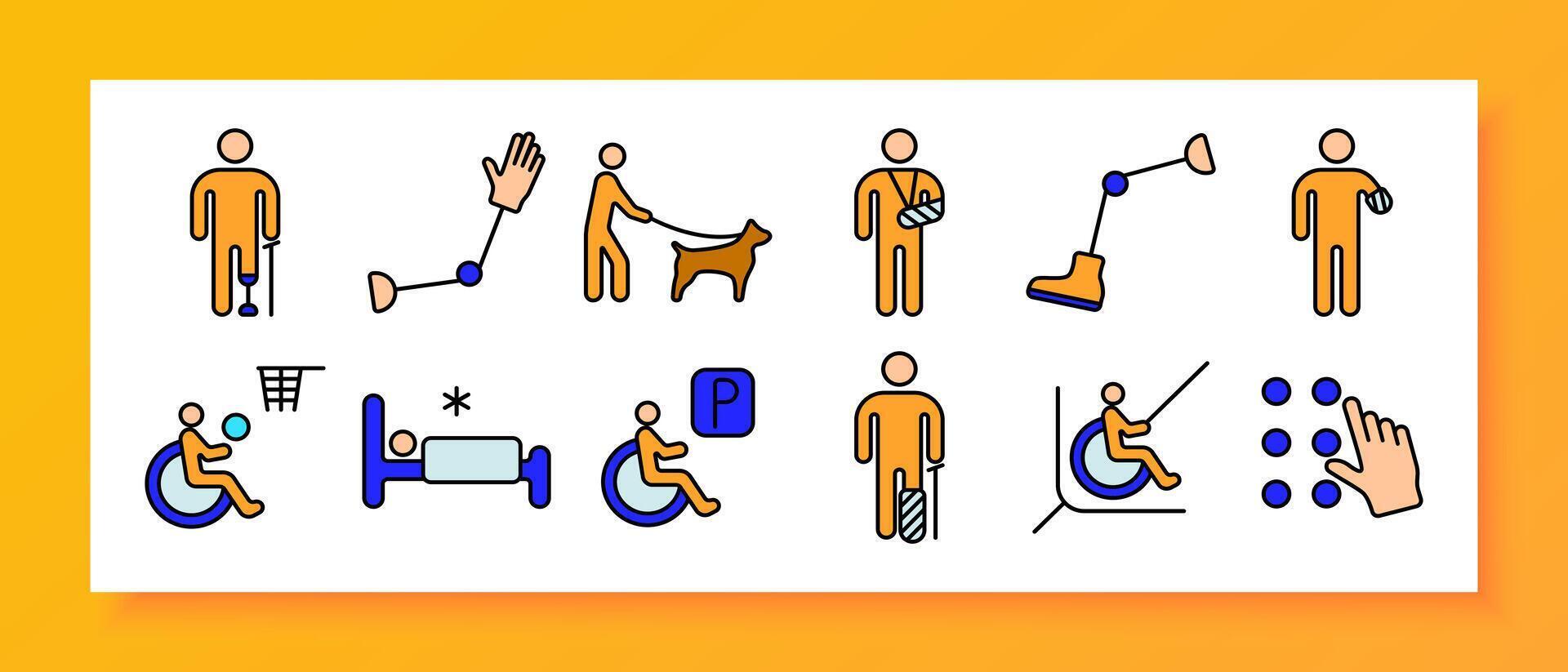 Disability support set icon. Prosthetic limb, guide dog, sign language, braille, accessibility, wheelchair basketball, handicap parking, rehabilitation. vector