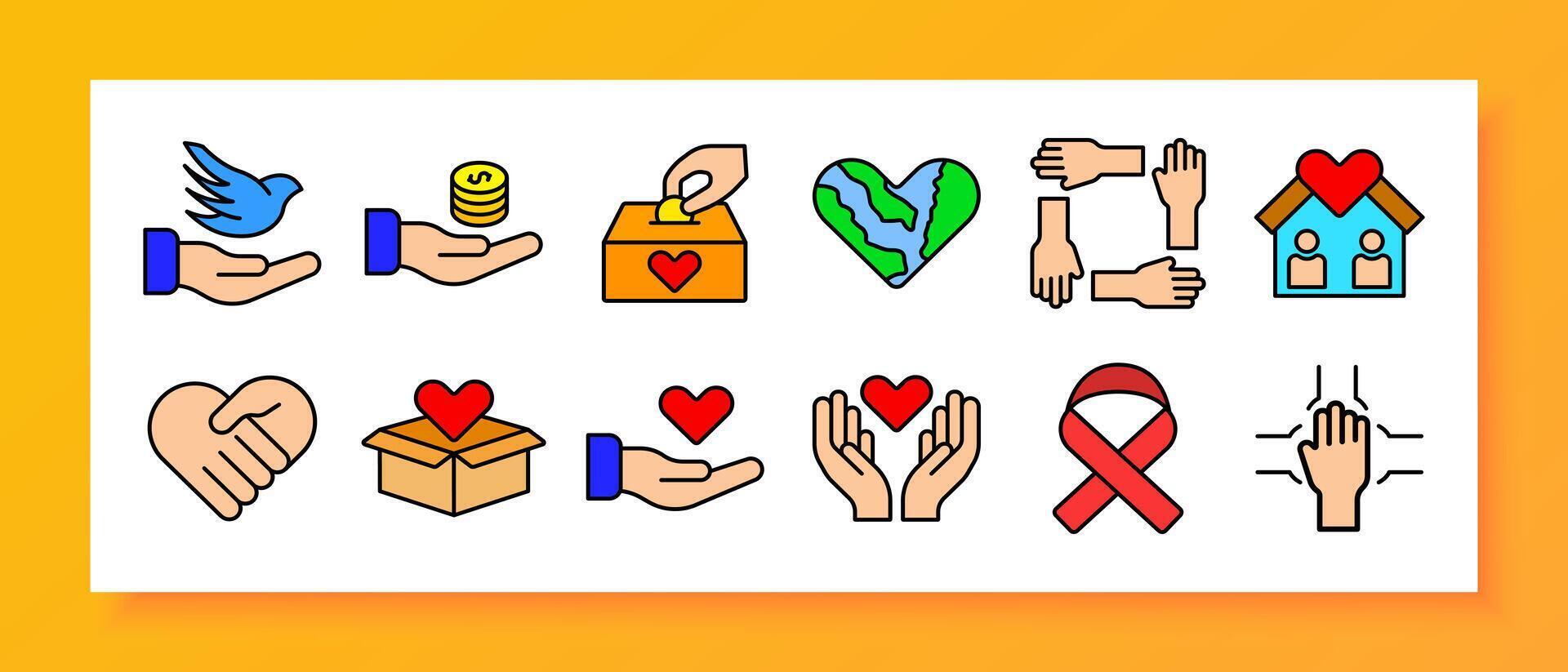 Charity and donation set icon. Dove, hand with coin, donation box, heart, hands, house, handshake, box with heart, hand with heart, ribbon, prayer. vector