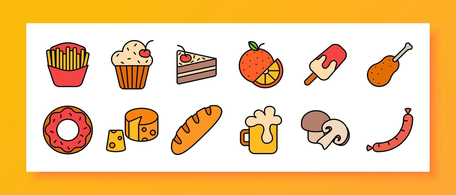 Fast food icon set. French fries, cupcake, cheesecake, orange, ice cream, chicken drumstick, donut, cheese, baguette, beer, mushrooms, sausage. vector