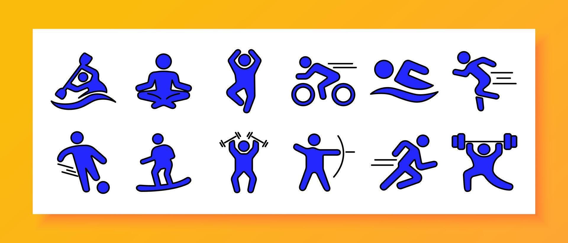 Athletics set icon. Rowing, yoga, cycling, weightlifting, running, archery, swimming, sprinting, soccer, snowboarding, fitness, exercise, sports, physical activity. vector
