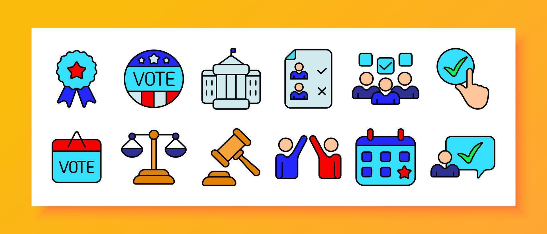 Election icon set. Vote badge, government building, candidate list, voters, checkbox, ballot, scales of justice, gavel, political parties, voting calendar. vector