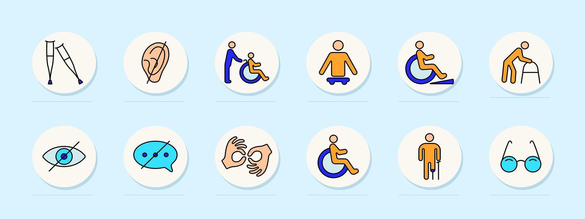 Disability set icon. Crutches, hearing aid, wheelchair assistance, senior walker, vision impaired, sign language, braille, accessibility tools, support, prosthetics, adaptive devices, sensory aids vector