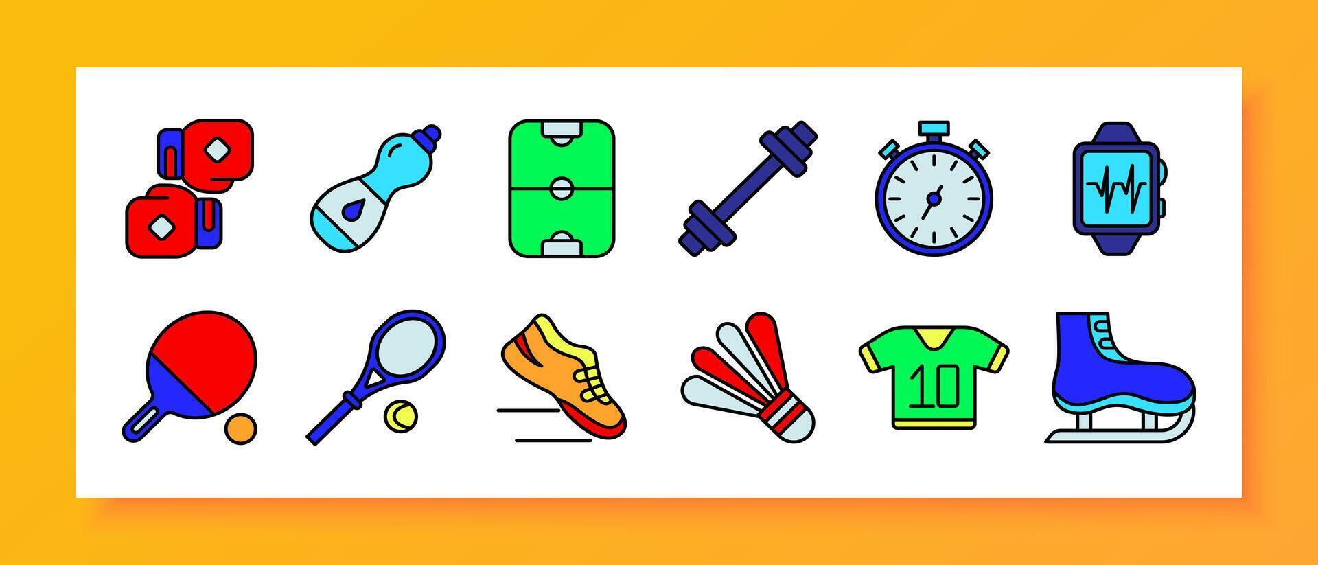 Fitness gear set icon. Boxing gloves, water bottle, soccer field, dumbbell, stopwatch, smartwatch, ping pong paddle, tennis racket, running shoe, shuttlecock, jersey, ice skate. vector