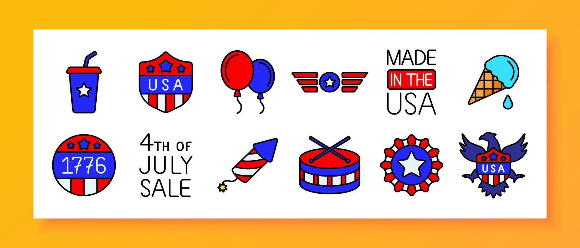 American symbols set icon. USA flag, eagle, barbecue, fireworks, Uncle Sam hat, patriotic balloon, blimp, burger, July 4th. vector