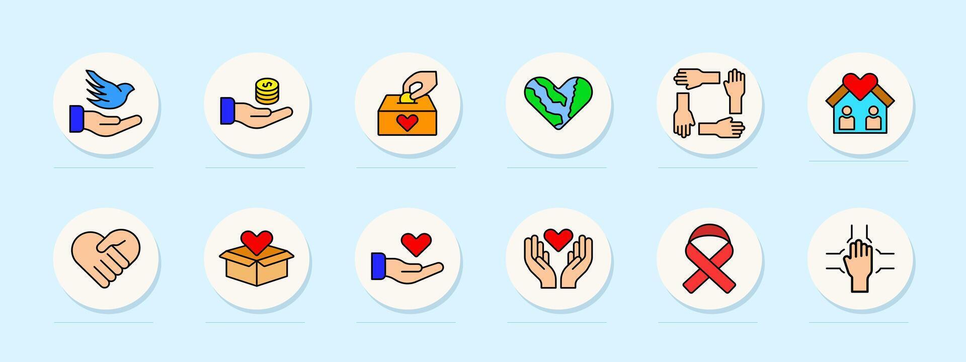 Charity set icon. Dove, coins, donation box, heart, helping hands, community home, handshake, gift box, giving, ribbon, teamwork, volunteering, philanthropy, support, care, kindness, nonprofit. vector