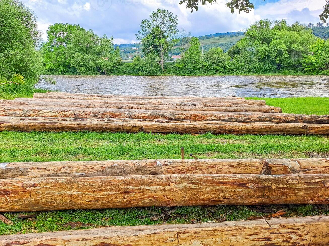 Planks and logs lie on the grass by the river, seasoning for building a raft. photo