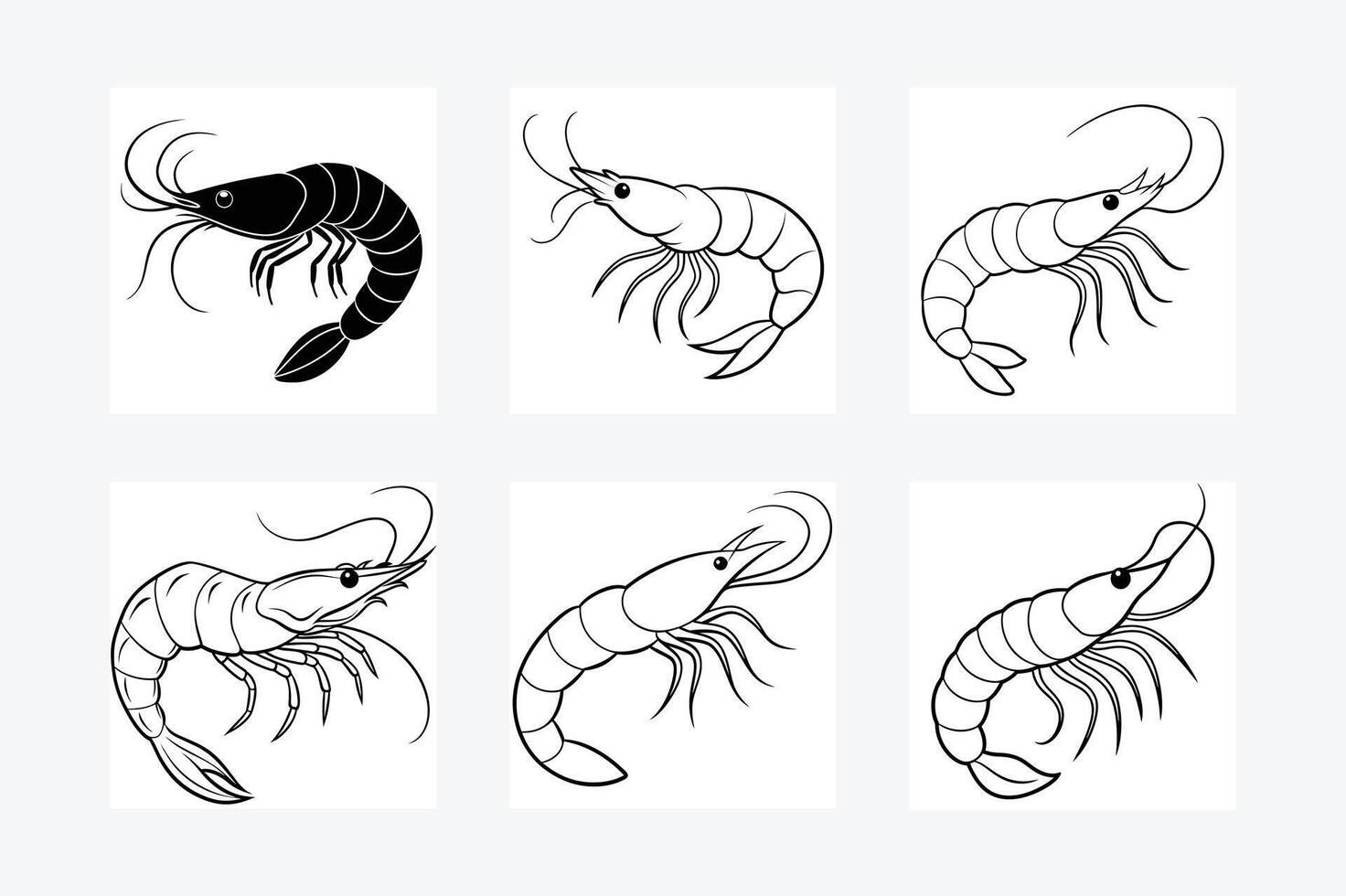 Shrimp silhouette, Prawn cut-out icon black and white vector