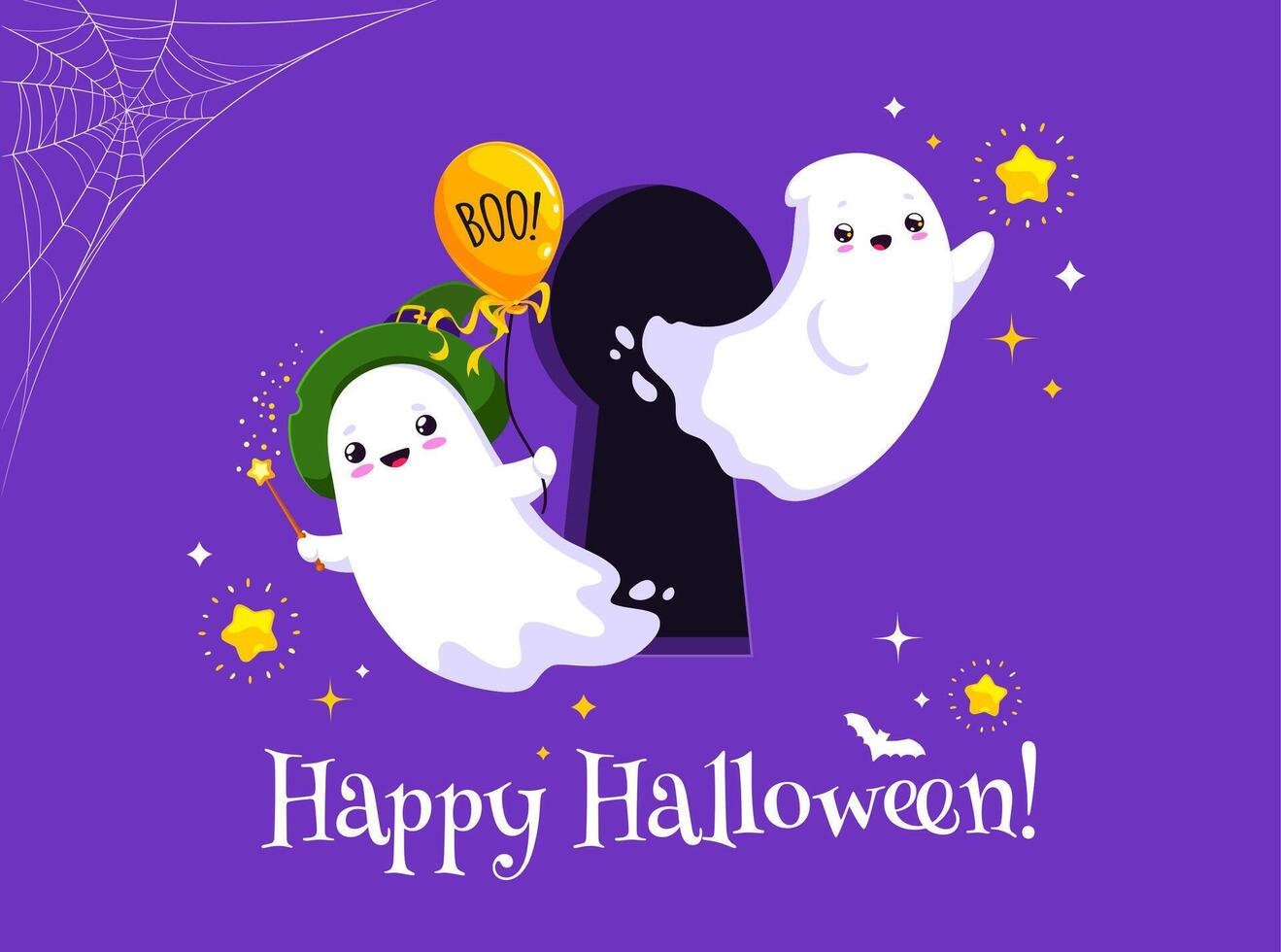Funny Halloween kawaii ghosts in keyhole, holiday vector