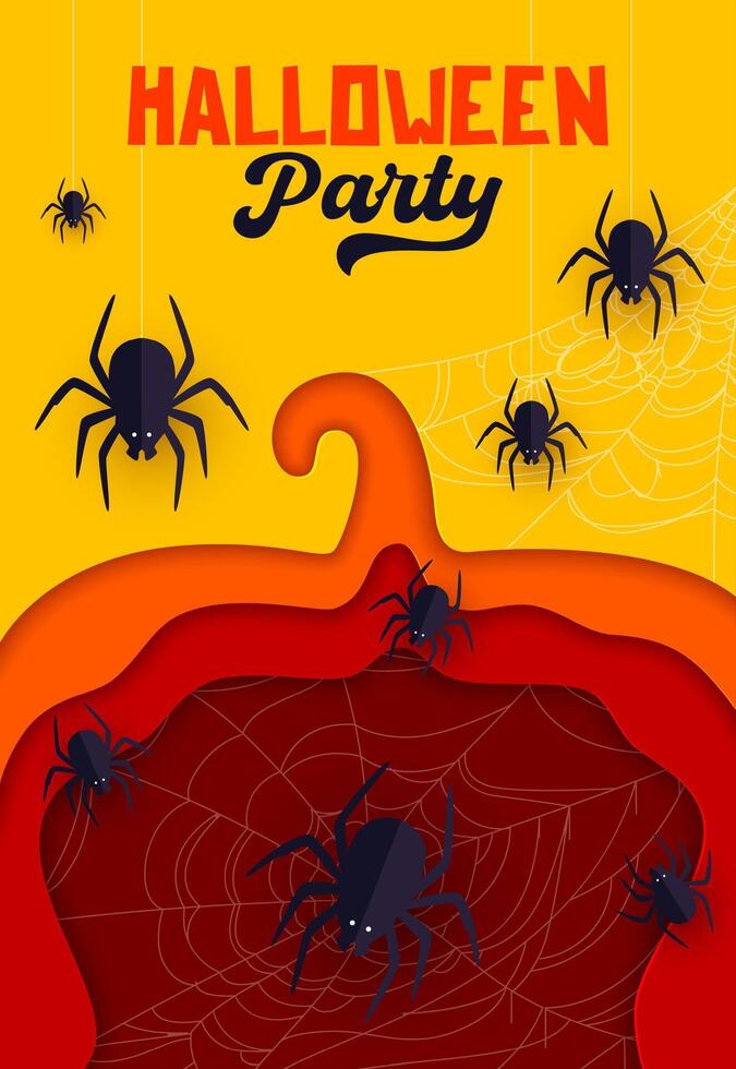 Halloween paper cut pumpkin, spiders and cobweb vector