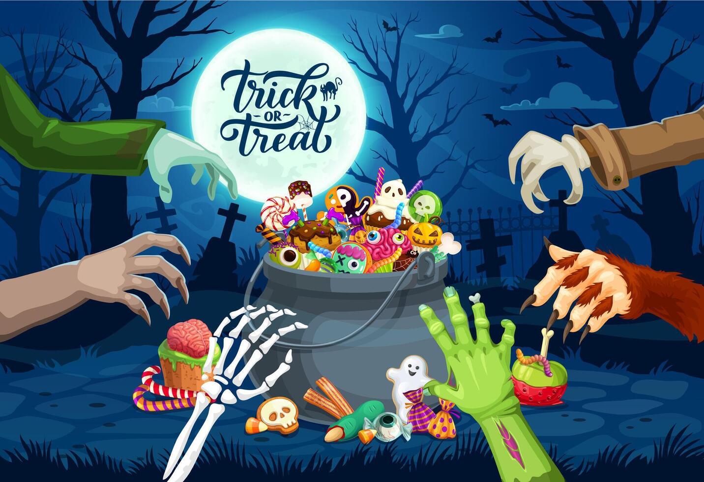 Halloween monster hands and sweets on cemetery vector