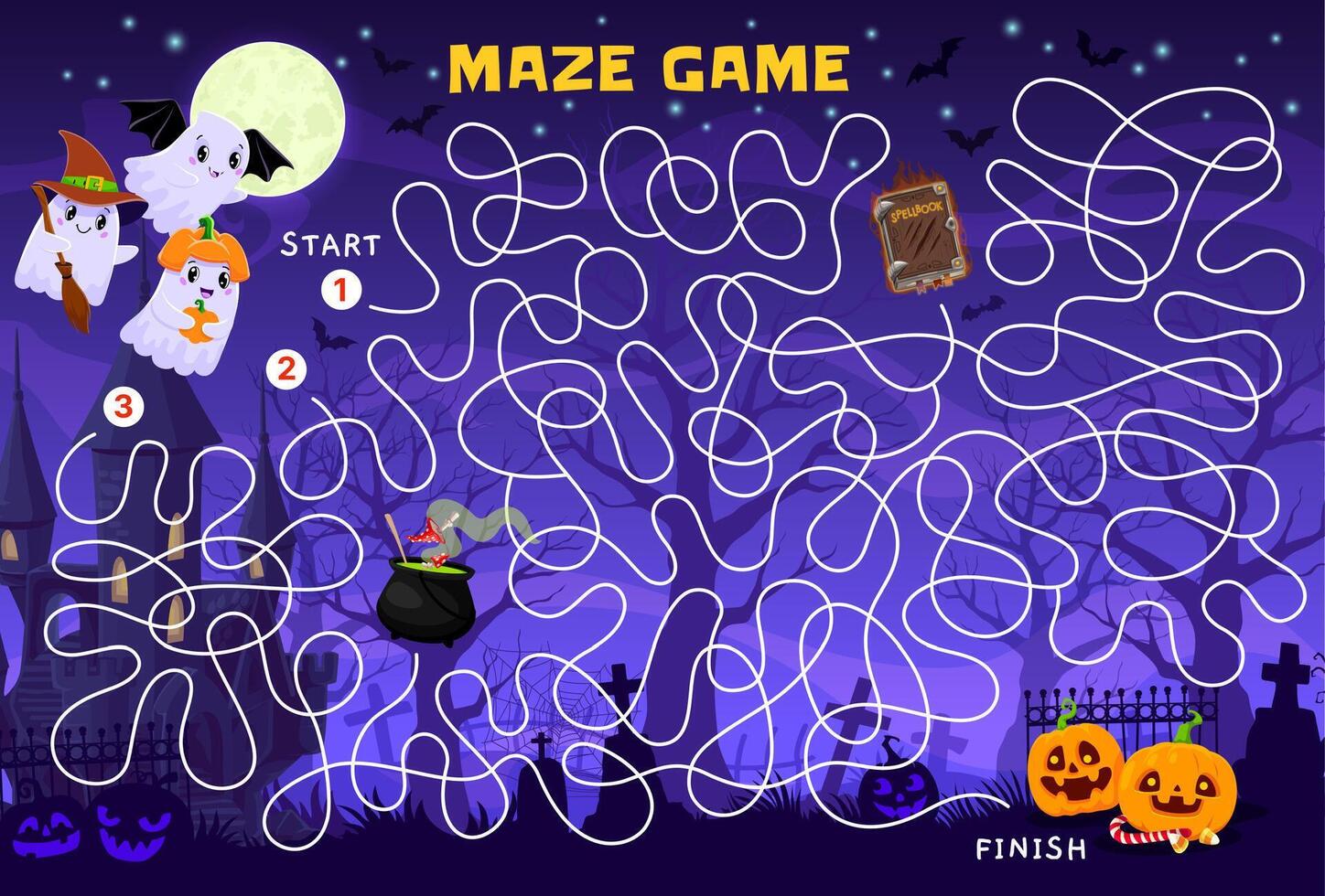 Halloween labyrinth maze game with kawaii ghosts vector