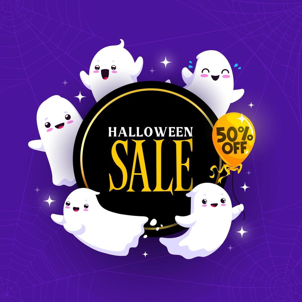 Halloween sale banner with cute ghosts and cobweb. vector