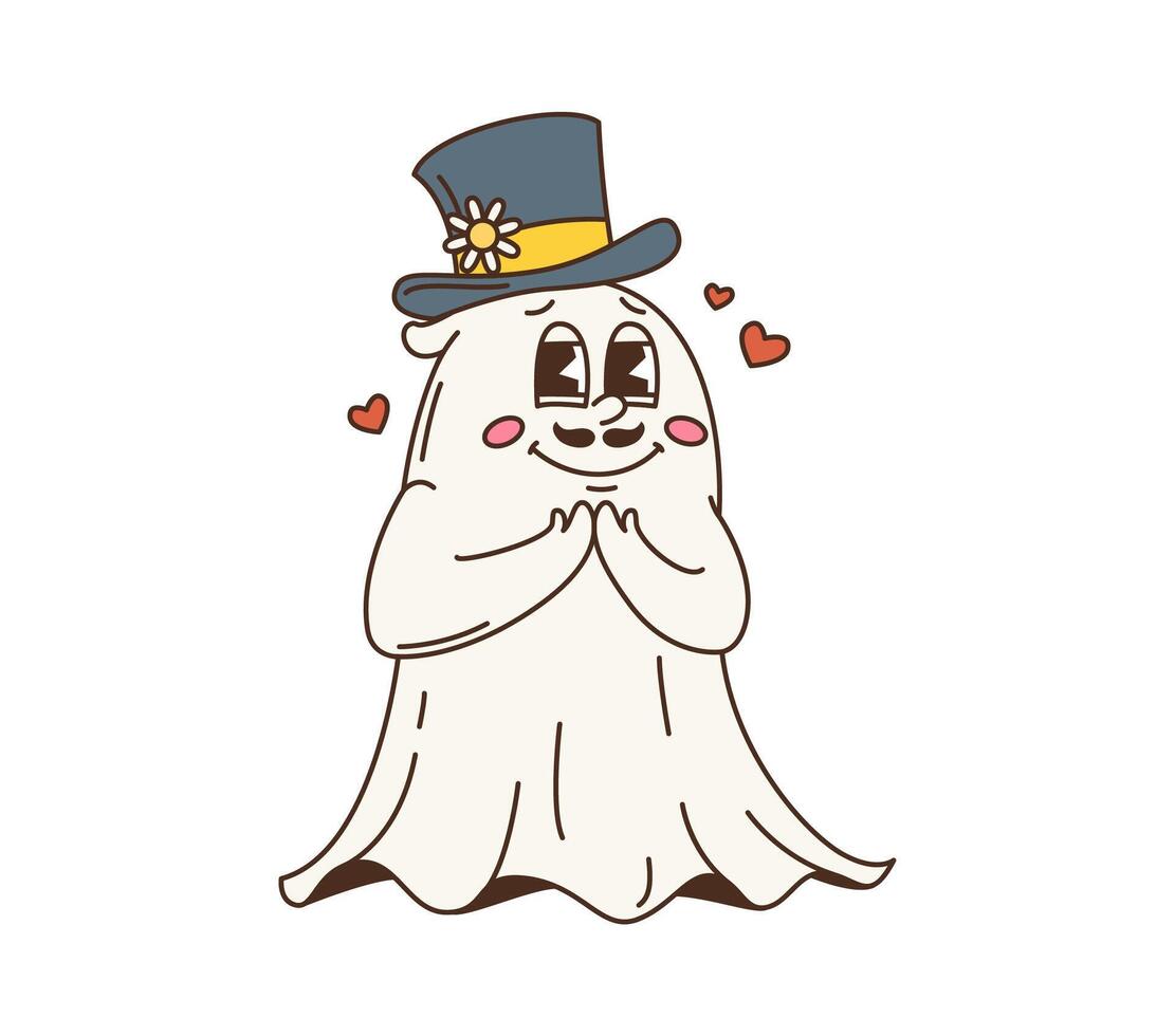 Groovy Halloween ghost character with top hat vector