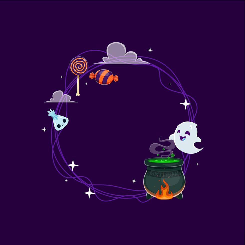 Halloween frame features a cute ghost and cauldron vector