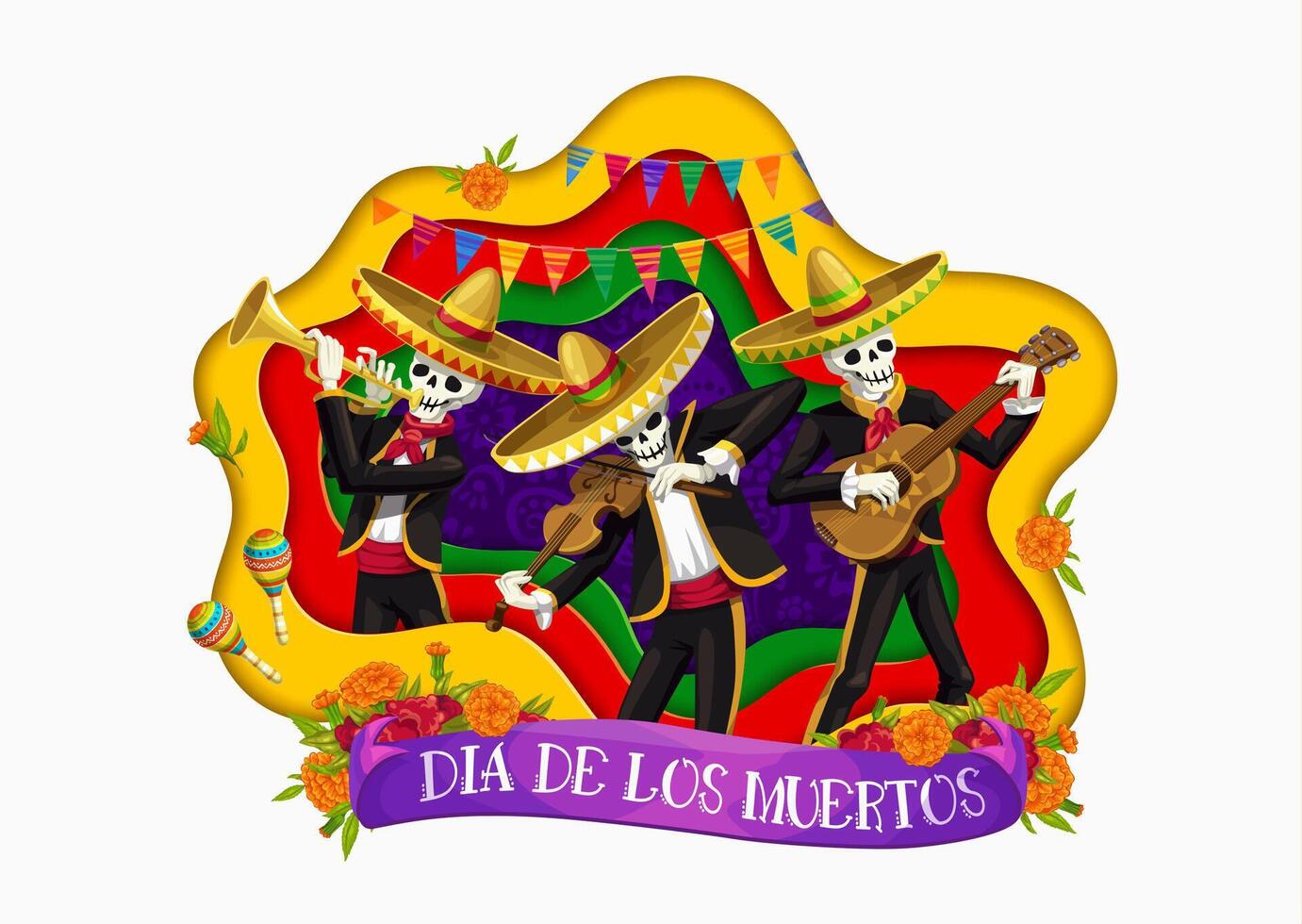 Day of Dead mariachi musicians band in paper cut vector