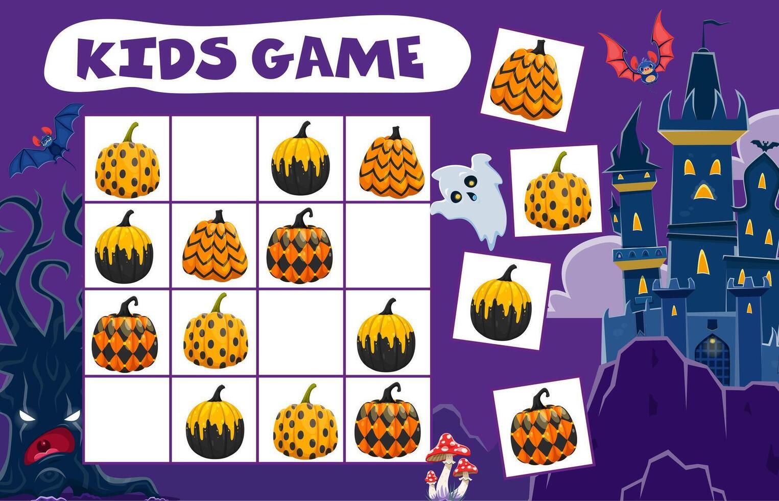 Kids Halloween sudoku game, patterned pumpkins vector