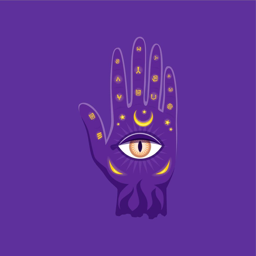 Cartoon magic hand with all seeing eye, vector