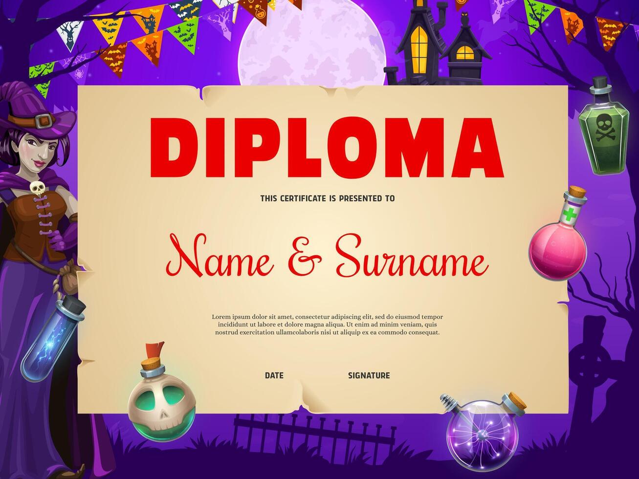 Halloween kids diploma, castle, potion and witch vector