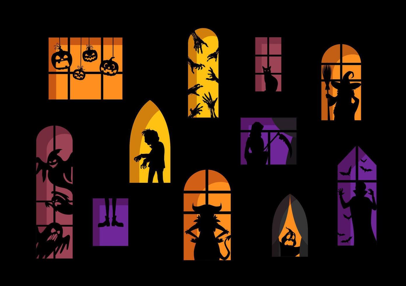 Scary silhouettes in Halloween house windows vector