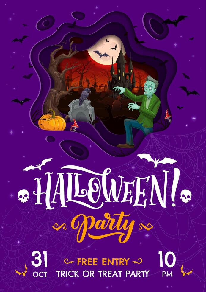 Halloween paper cut party flyer with cemetery vector