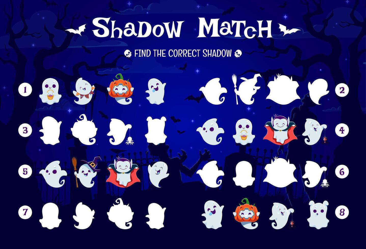Halloween kids game, find correct shadow of ghosts vector