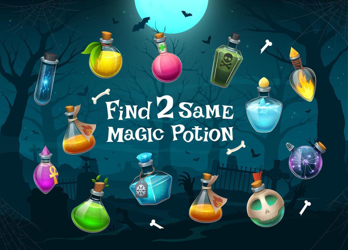 Kids game, find two same Halloween potion bottles vector