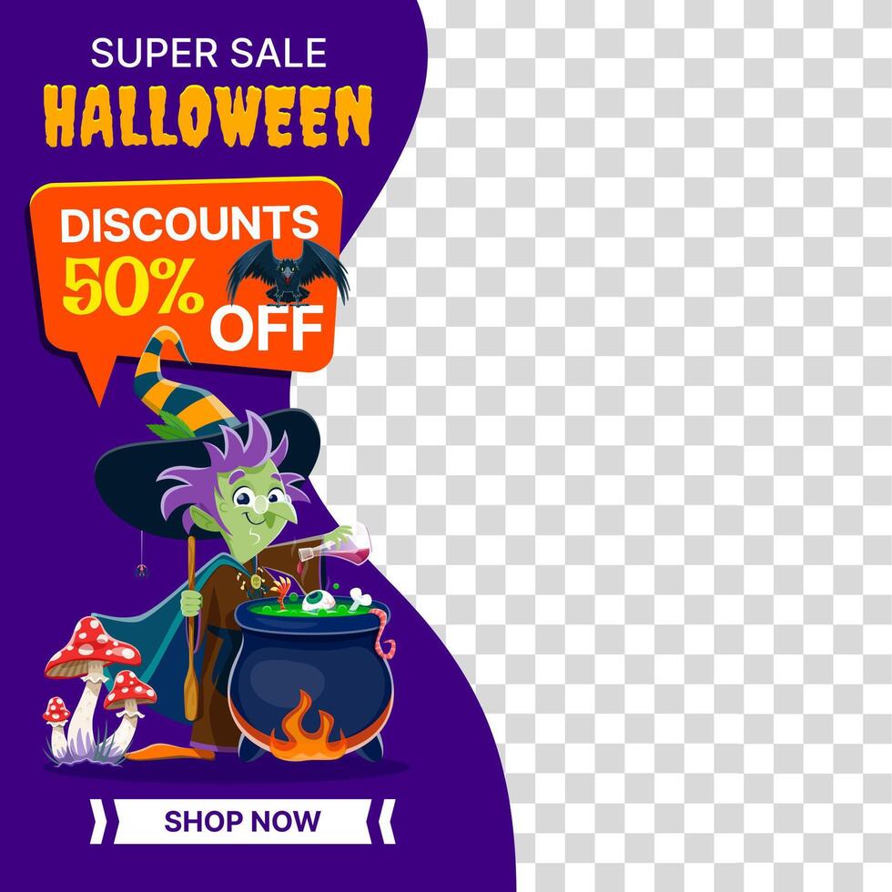 Halloween sale banner template with funny witch vector