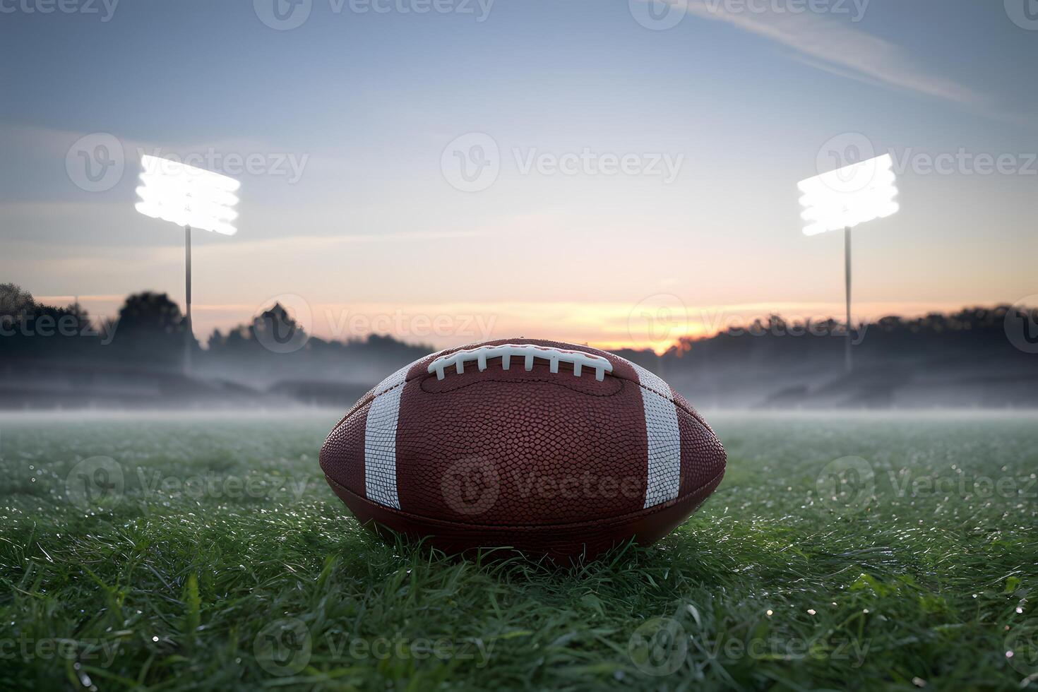 American football on dewy green field at sunrise, with brightening sky photo