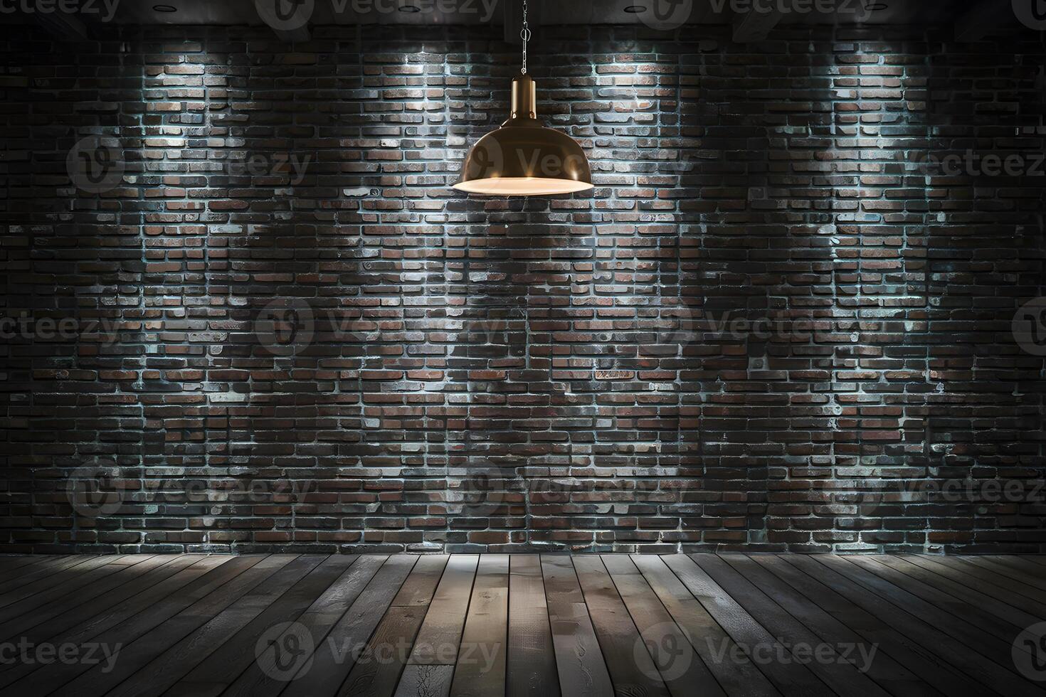 Room with prominent brick wall, bronze light fixture, wooden flooring photo