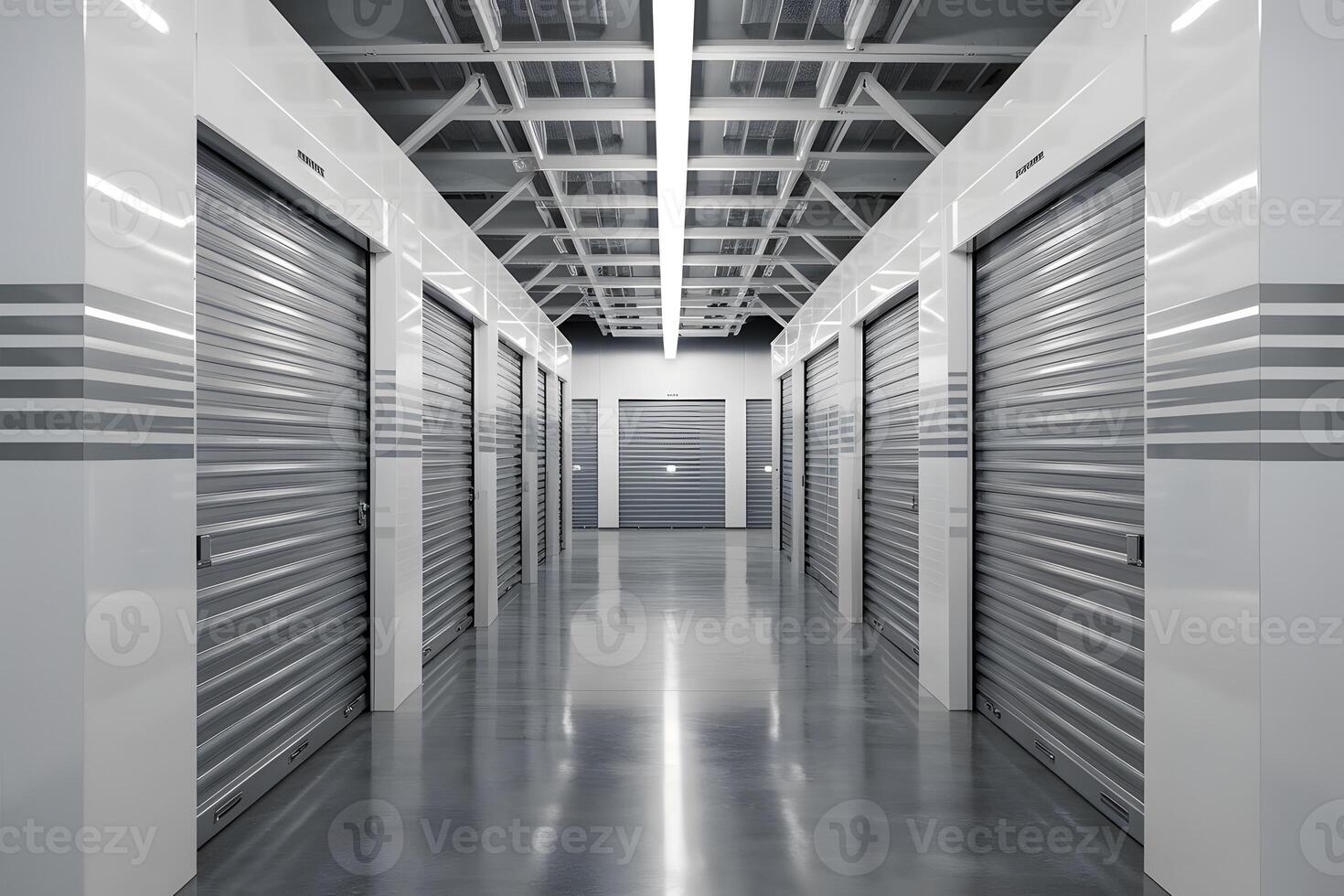 Indoor storage unit with closed metallic doors, brightly lit interior photo