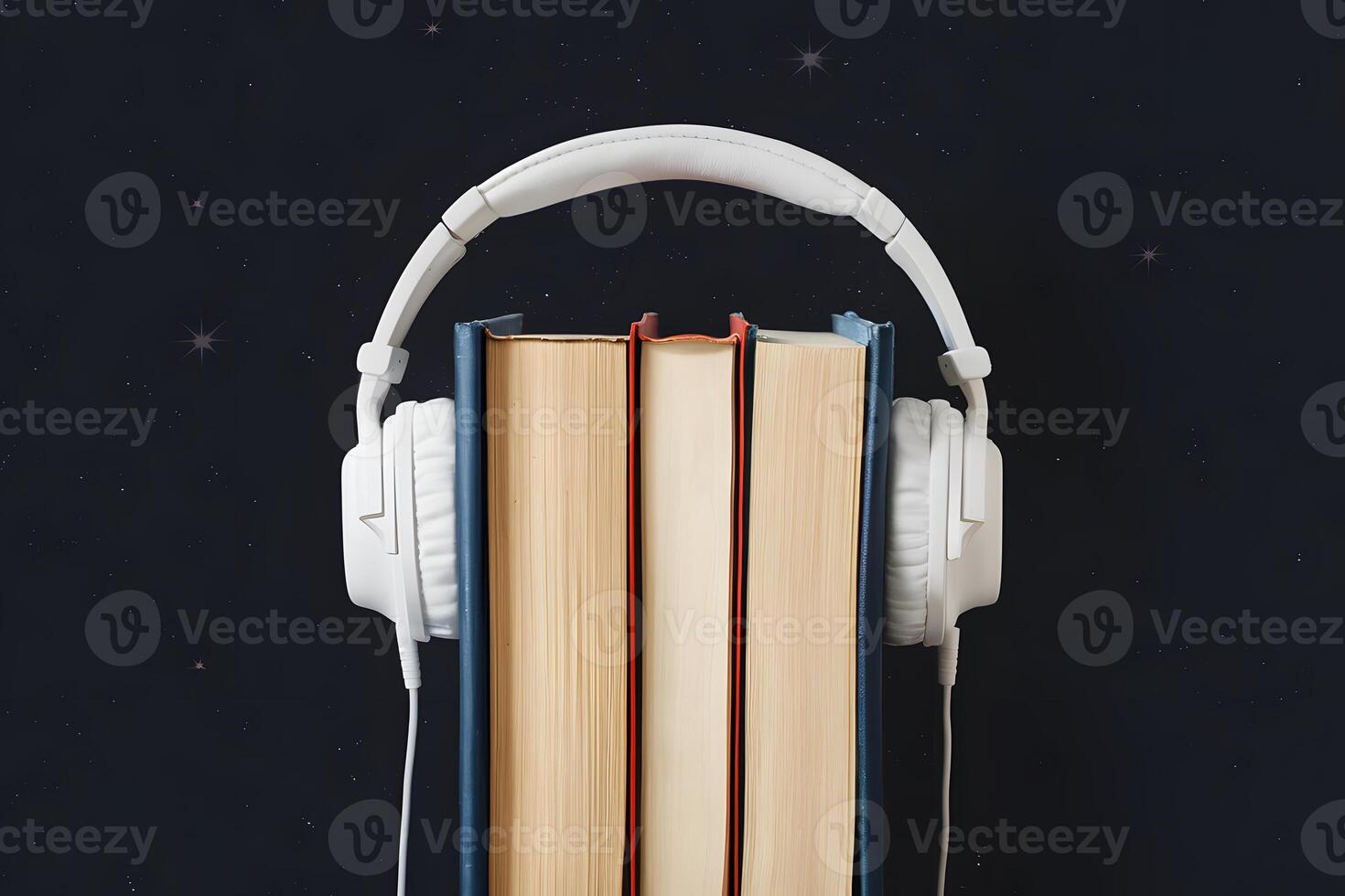 Books stacked vertically against dark navy background, white headphones on top photo