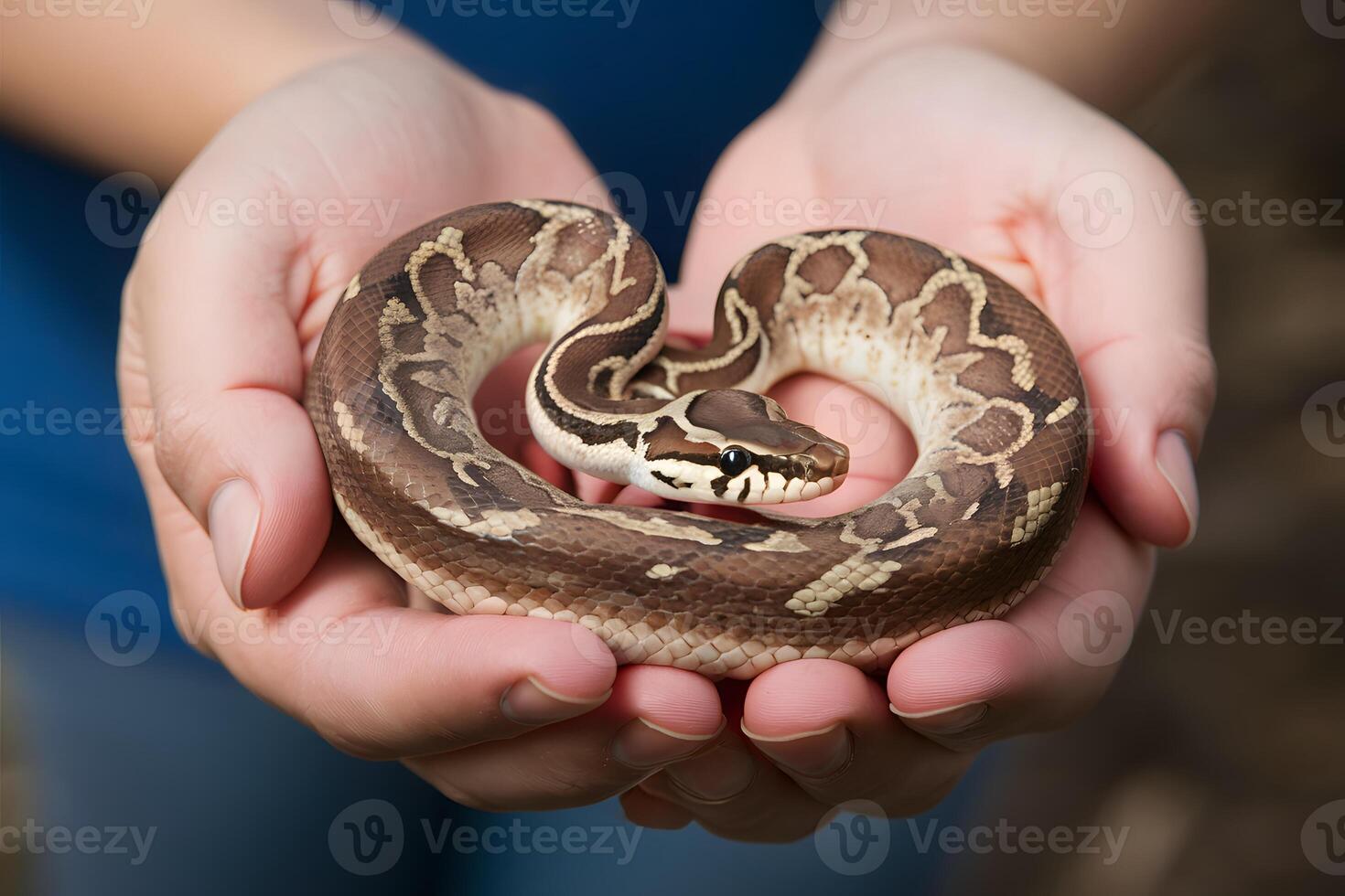 Closeup hands cradling a snake with brown, beige, and white patterns photo