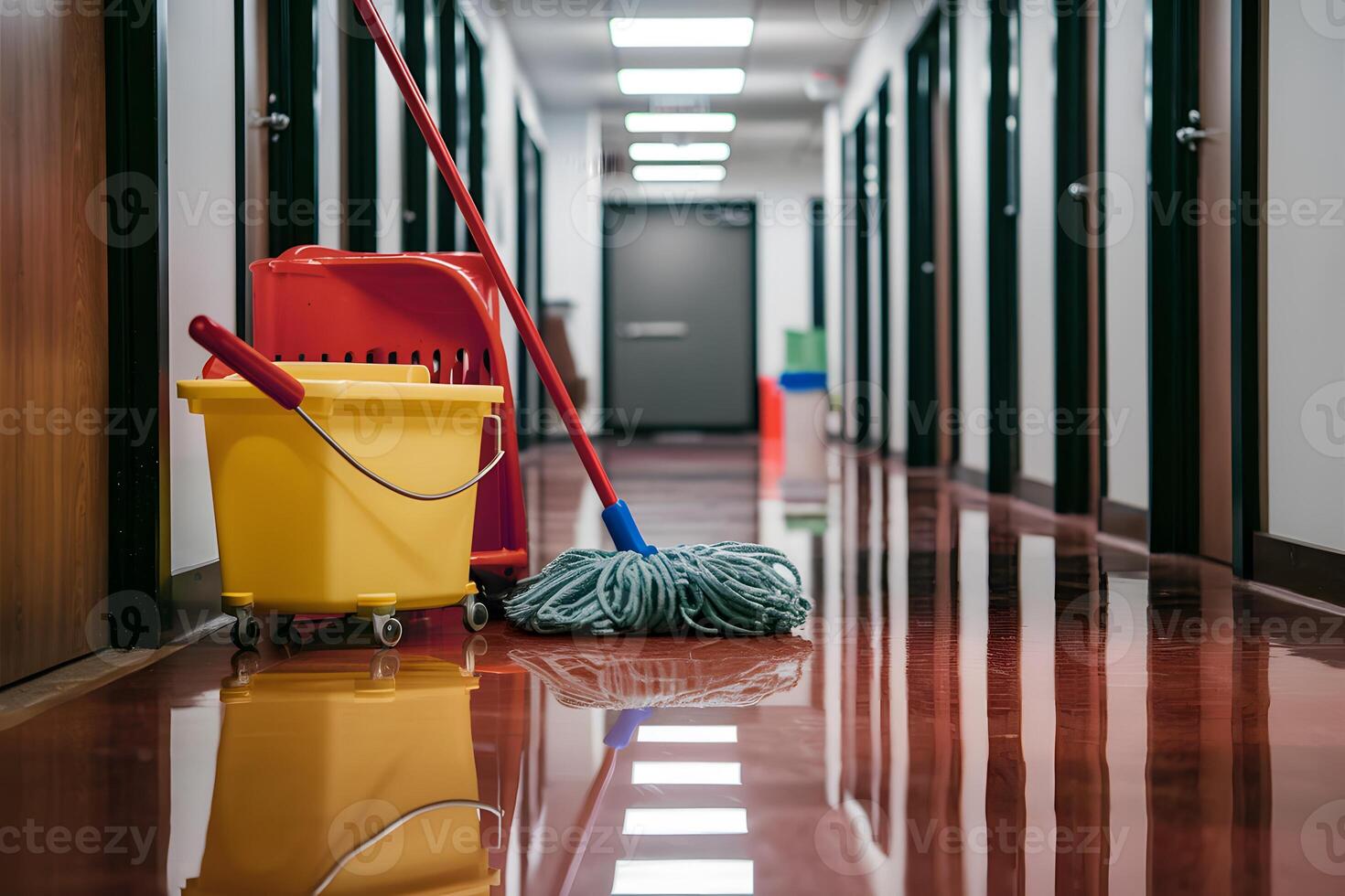 Shiny floor reflects yellow mop bucket in office or corridor photo