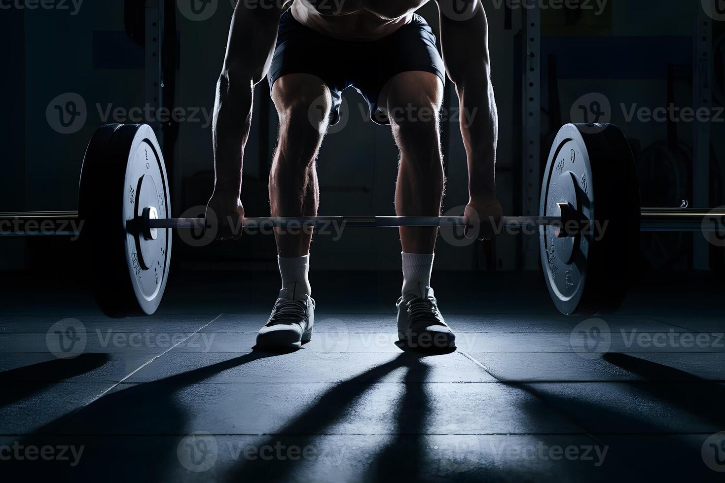 Male silhouette lifting barbell in dark gym, light and shadow contrast photo