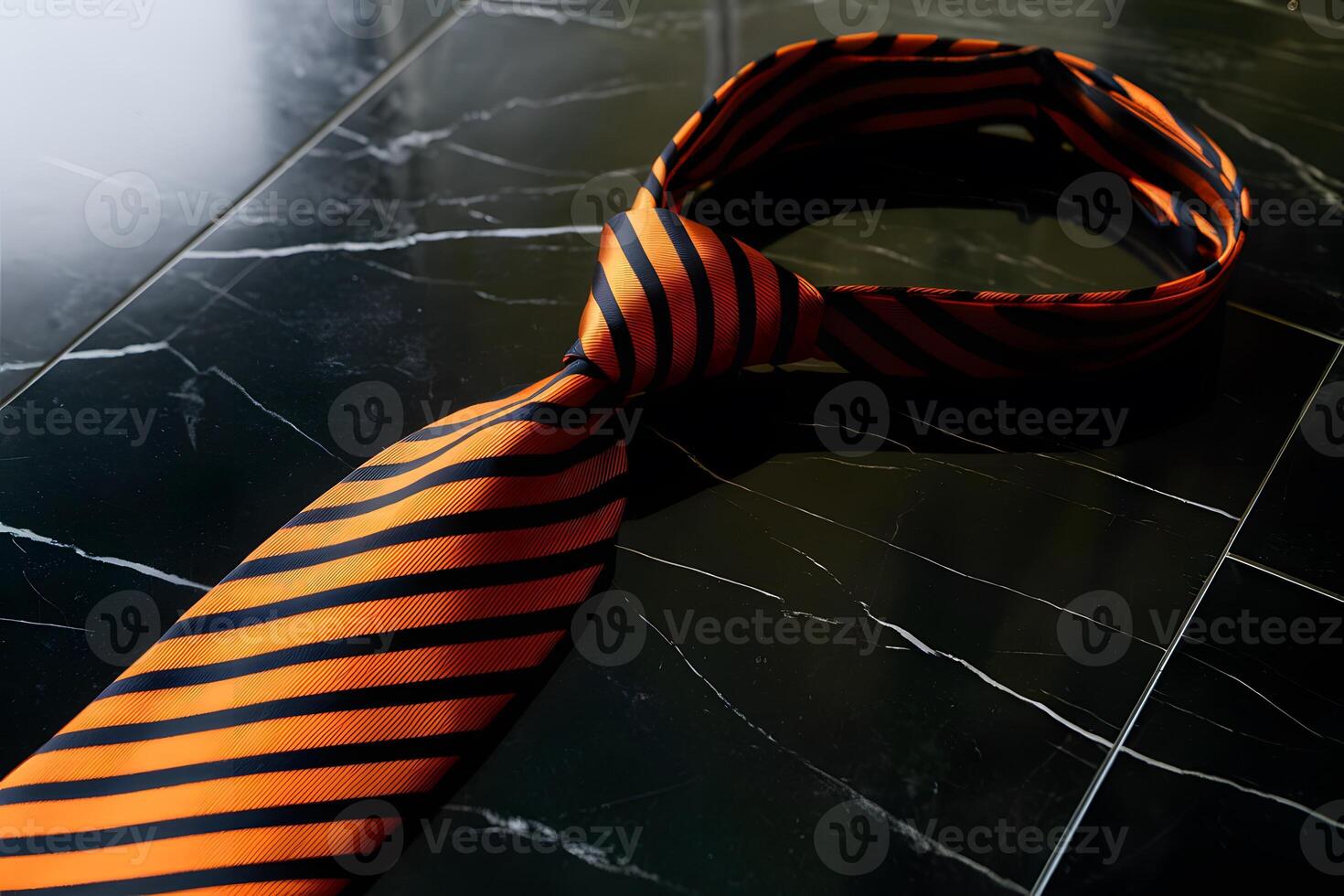 Orange and black striped tie on a sleek, black marble surface photo